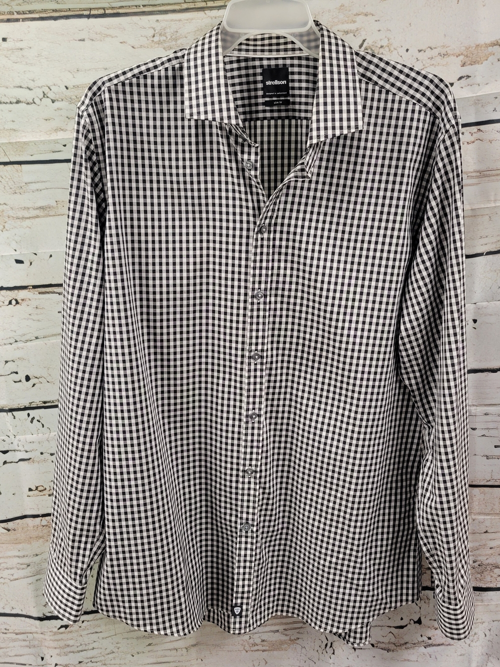 Strellson Jamie Men’s 44/17.5 Gingham Check Shirt Slim Fit Black White Cotton